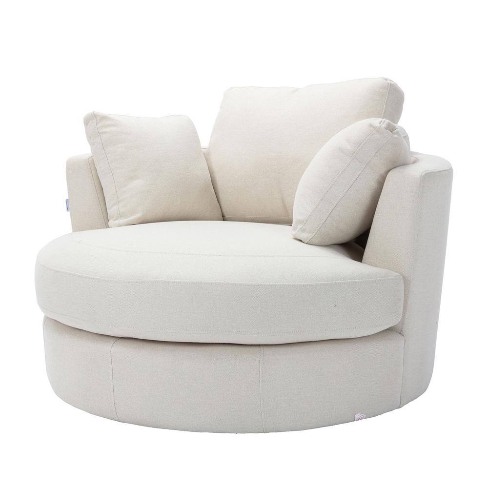 Magic Home 51 in. Swivel Accent Barrel Sofa Linen Fabric Lounge Club Big Round Chair with Storage Ottoman and Pillows, Beige