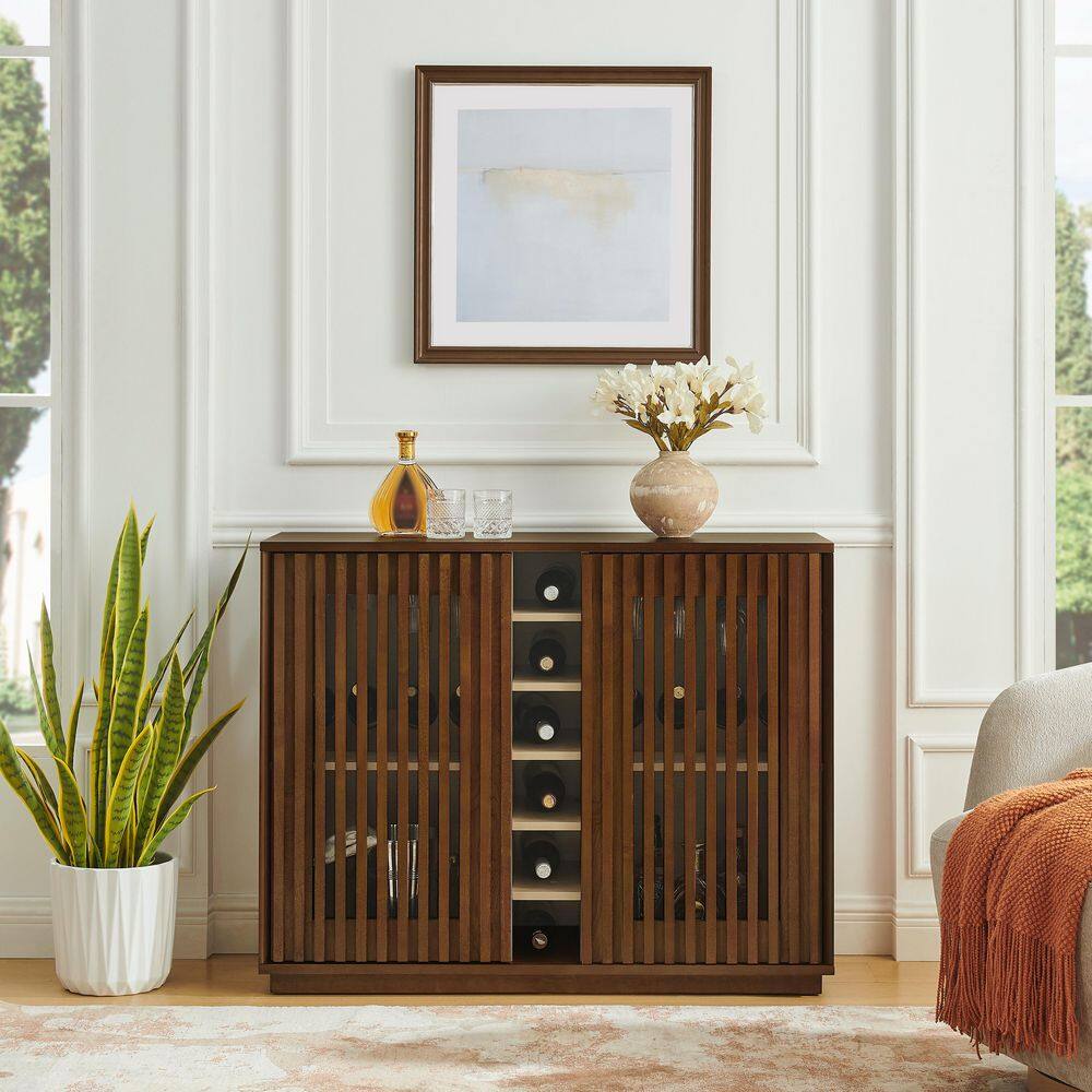 Wood Grain MDF Buffet with Wine Rack and Openwork Doors Sideboard Cabinet Storage Cabinet