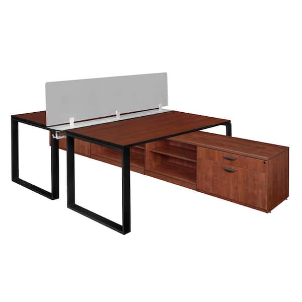 Regency Caranna 66 in. W Cherry Black Wood and Metal Privacy Divider Benching System with Low Credenza Storage for Computer Desk