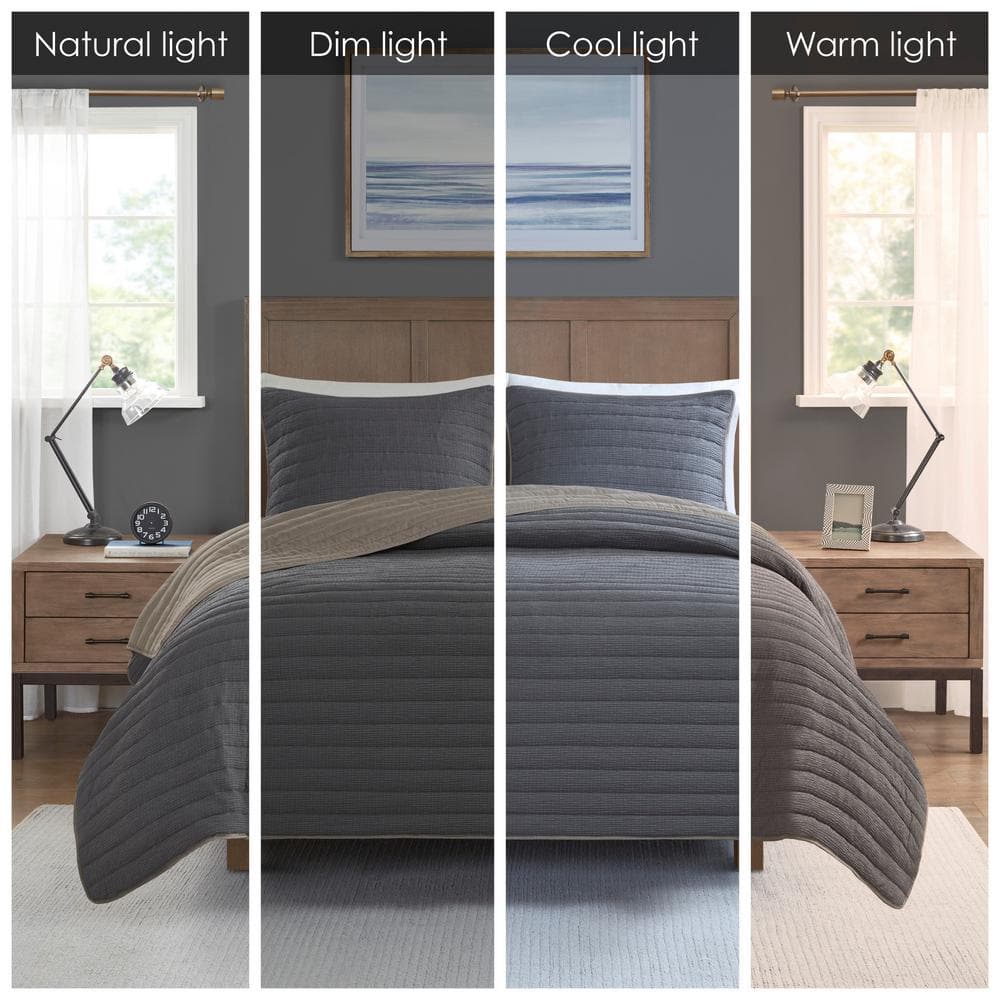 Charcoal King Reversible Microfiber 3-Piece Quilt Set