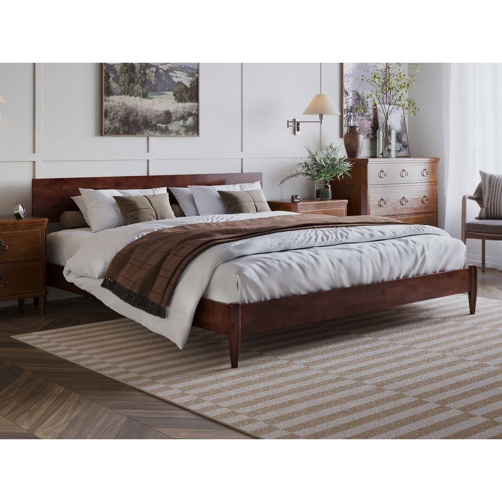 Aria King Walnut Wood Low Profile Platform Bed with Headboard