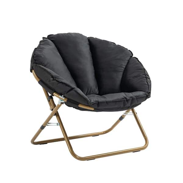 HOMEFUN Outdoor Black Velvet Oversize Folding Saucer Camping Chair with Gold Metal Set of 2