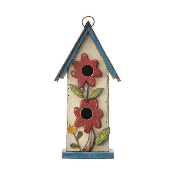 Glitzhome 13.75 in. H 2-Tiered Distressed Solid Wood Birdhouse with Flower