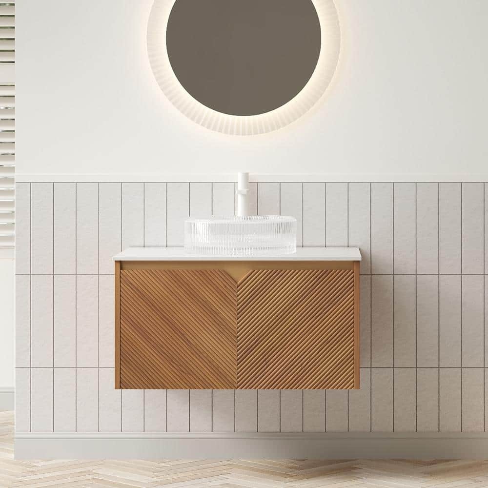 30 in. Floating Bathroom Vanity in Brown Oak Woodgrain with White Round Crystal Glass Sink price history on PriceWatchPro