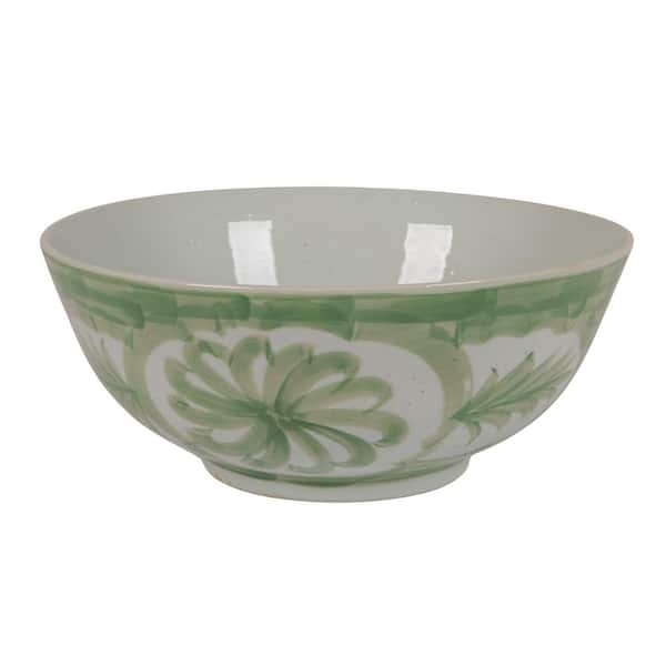 192 fl. oz. Green Hand-Painted Stoneware Bowl with Water Color Floral Design