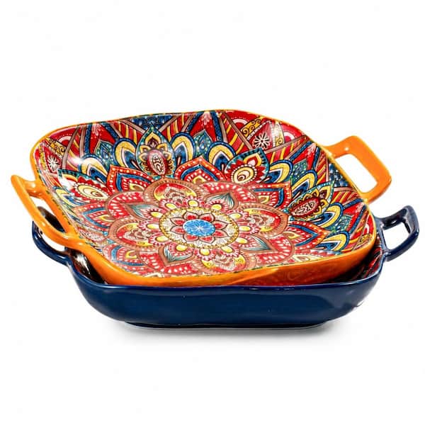 Square Ceramic Pasta Salad Bowls with Handles 7 in Orange and Blue Multicolor Salad and Soup Bowls Set of 2