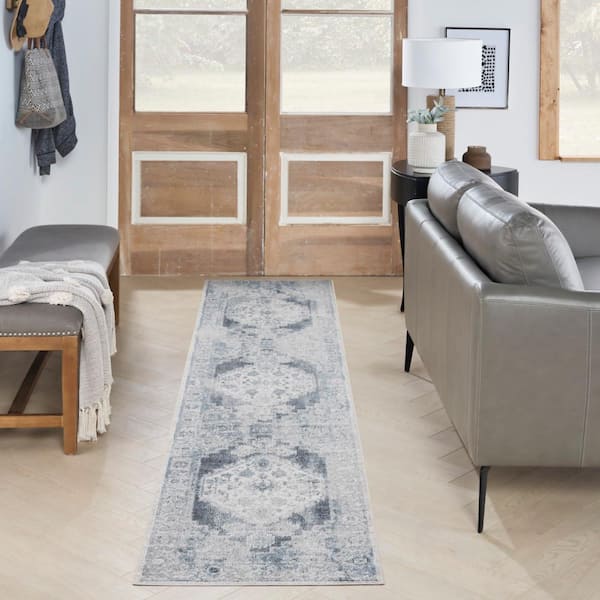 Astra Machine Washable Blue Ivory 2 ft. x 10 ft. Distressed Traditional Runner Area Rug