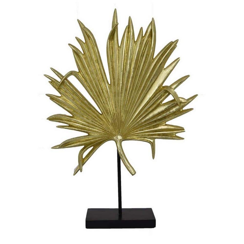Gold Palm Leaf Resin Decorative Sculpture with Black Base