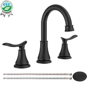 8 in. Widespread 2 Handle Bathroom Faucet with Pop Up Drain and Supply Hoses in Matt Black