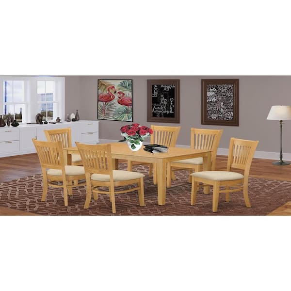 East West Furniture 7-Piece Rectangle Natural Oak Finish Solid Wood Top Dining Table with 6 Chairs with Lattice Back