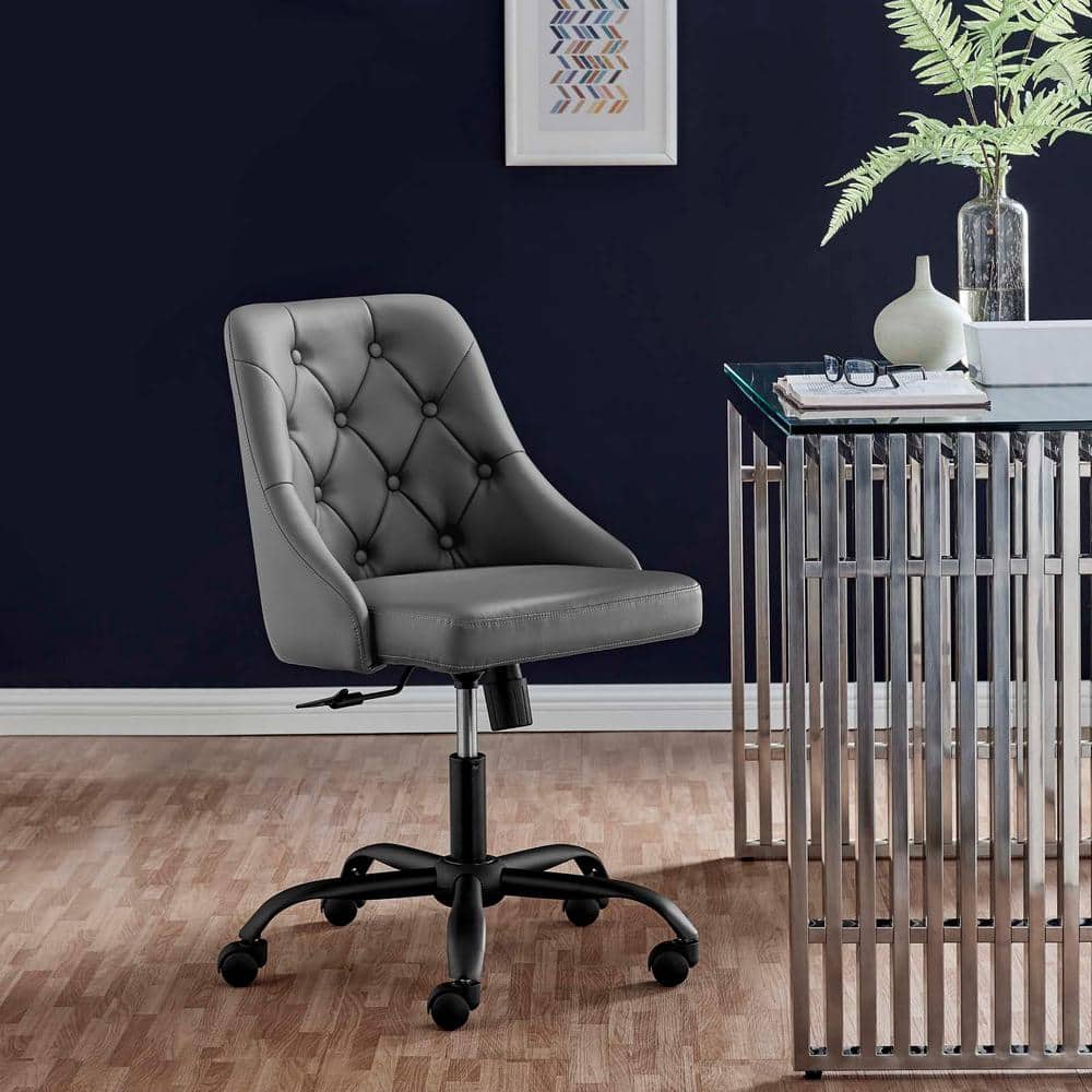 Gray Tufted Vegan Leather Swivel Office Chair