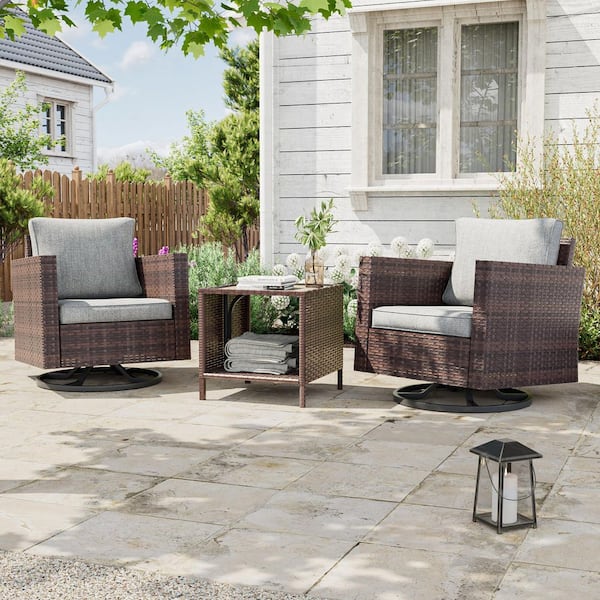 JOYESERY 3-Piece Brown Wicker Patio Bistro Set Swivel Rocking Chairs for Outdoor Occasions of Lawn, Linen Grey