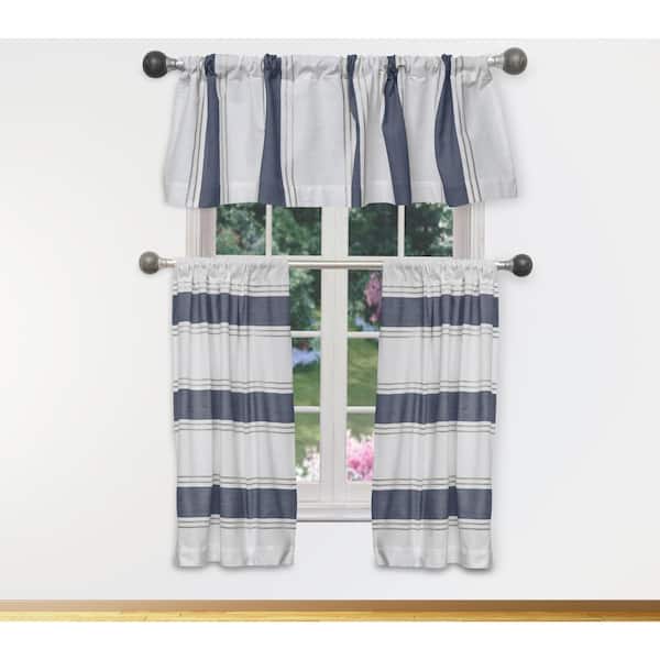Duck River White-Navy Color Block Rod Pocket Room Darkening Curtain - 15 in. W x 58 in. L (Set of 3)