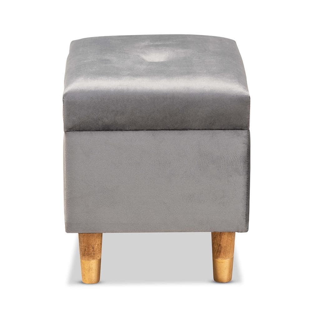 Elias Grey Velvet Upholstered Storage Ottoman with Oak Legs