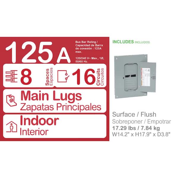 Homeline 125 Amp 8-Space 16-Circuit Indoor Main Lug Plug-On Neutral Load Center with Cover