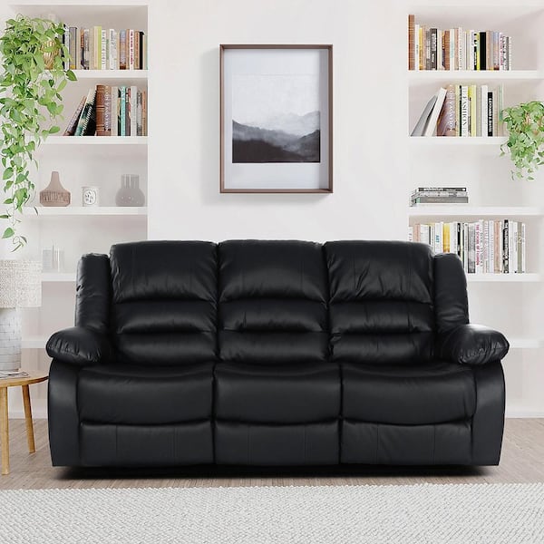 Lazzara Greeley 78 in. W Straight Arm Faux Leather Rectangle Manual Double Reclining Sofa in Black