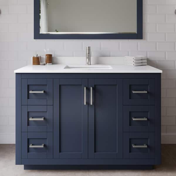 Wyndham Collection Miranda 48 in. W Single Bath Vanity in Dark Blue with Cultured Marble Vanity Top in White with White Basin and Mirror