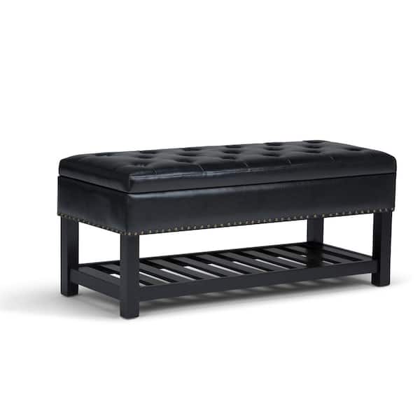 Simpli Home Lomond 43 In Wide, Leather Storage Ottoman Bench Black And White