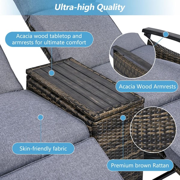 2-Pieces Wicker Outdoor Loveseat Chair with Gray Cushions, Adjustable Backrest and Built-in Storage Table for Balcony