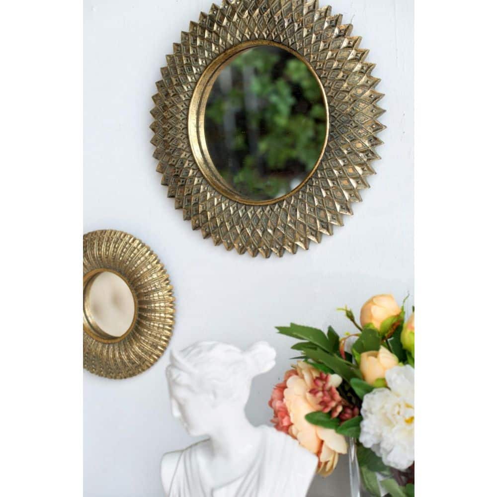 Antique Gold Diamond Pattern Round Wall Mirror 13"