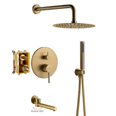 3-Spray Patterns Round 10 in. Wall Mount Dual Fixed and Handheld Shower Head 2.5 GPM with Tub Faucet in Brushed Gold