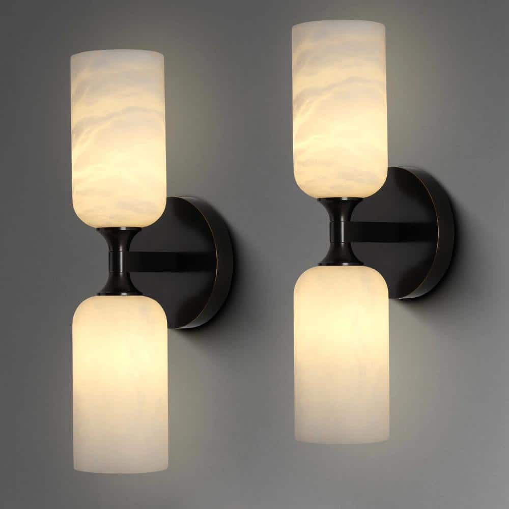 14 in. 2-Light Dimmable Black Bathroom Wall Sconce with Alabaster Shade, for Living Room  ( 2-Pack) price history on PriceWatchPro