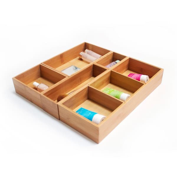Bin Set Office Bathroom Bamboo Drawer Organizer Storage Box 5-Pc for Kitchen