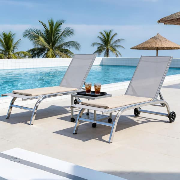 3-Piece Grey Metal Outdoor Lounge Chair and Table