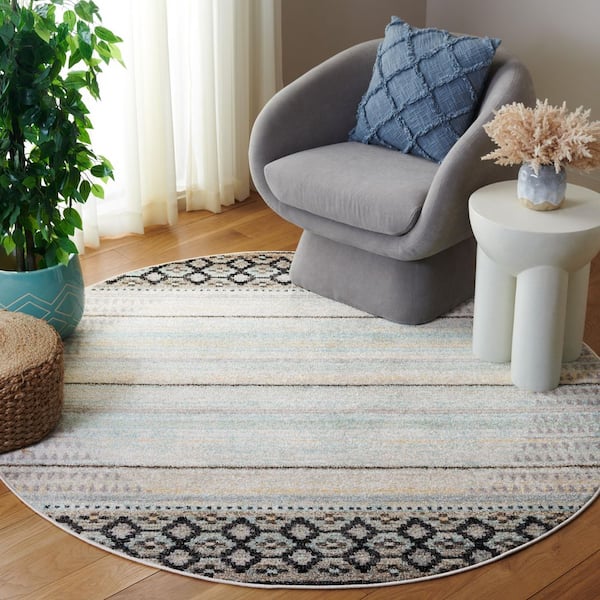 Adirondack 6 ft. x 6 ft. Round Ivory/Blue Gray Diamond Border Area Rug