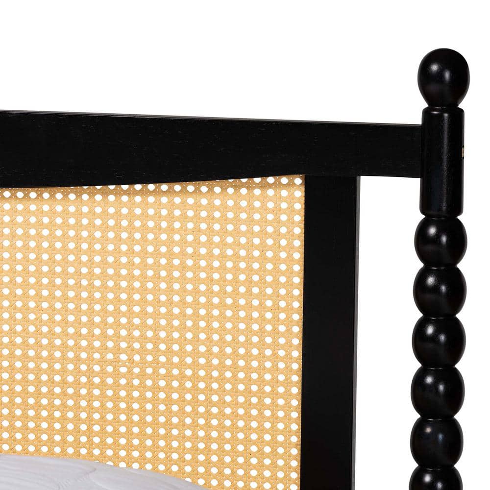 Okena Black Wood Queen Platform Bed with Woven Rattan Headboard