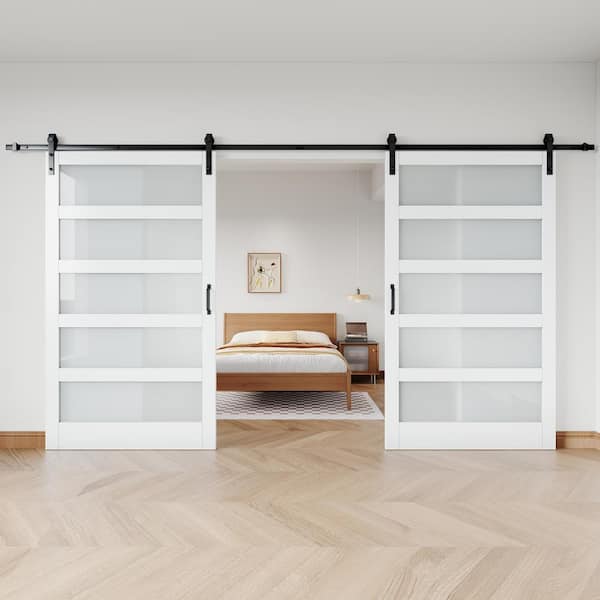 96 in. x 84 in. 5-Lite Tempered Frosted Glass White Primed MDF Wood Sliding Barn Door with Hardware Kit and Soft Close