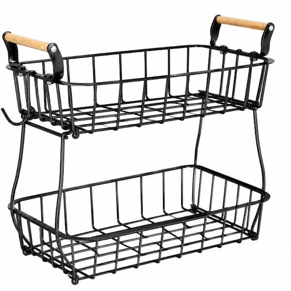 2-Tier Metal Fruit Basket with Banana Hangers and Wooden Handles, Black Countertop Organizer Stand