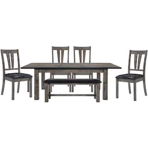 Bramble Hill 6-Piece Weather Gray Dining Set with Expandable Table plus 4-Faux-Leather Side Chairs and Bench