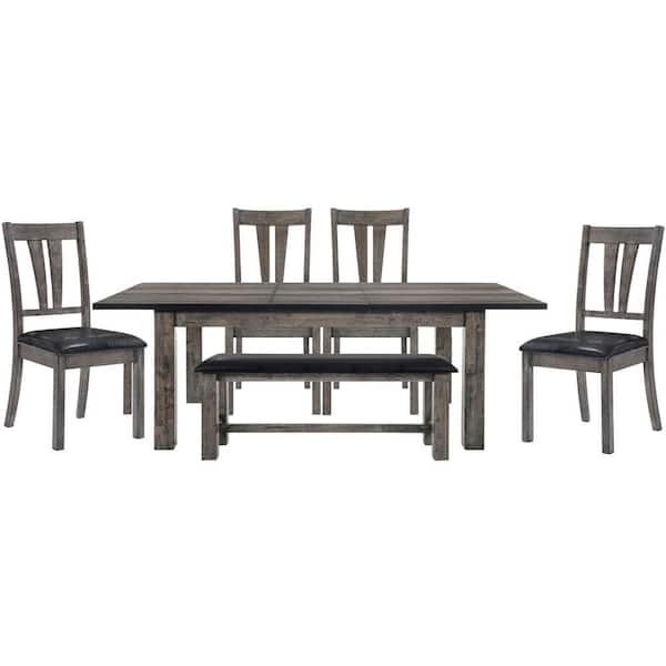 Hanover Bramble Hill 6-Piece Weather Gray Dining Set with Expandable Table plus 4-Faux-Leather Side Chairs and Bench