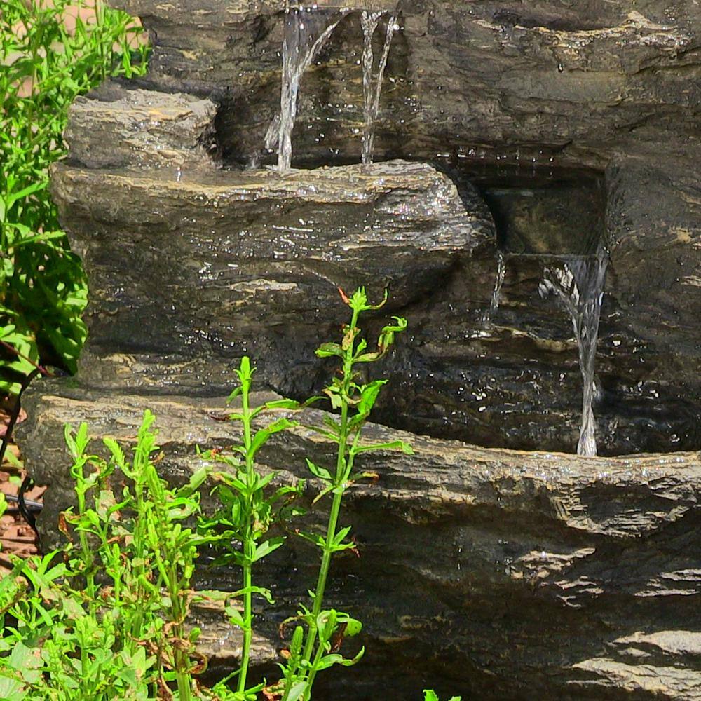 Gray Polystone Rocky Falls Outdoor Fountain with LED Lights