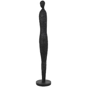 Black Polystone Tall Slim Figure People Sculpture with Ribbed Body and Glitter Accents