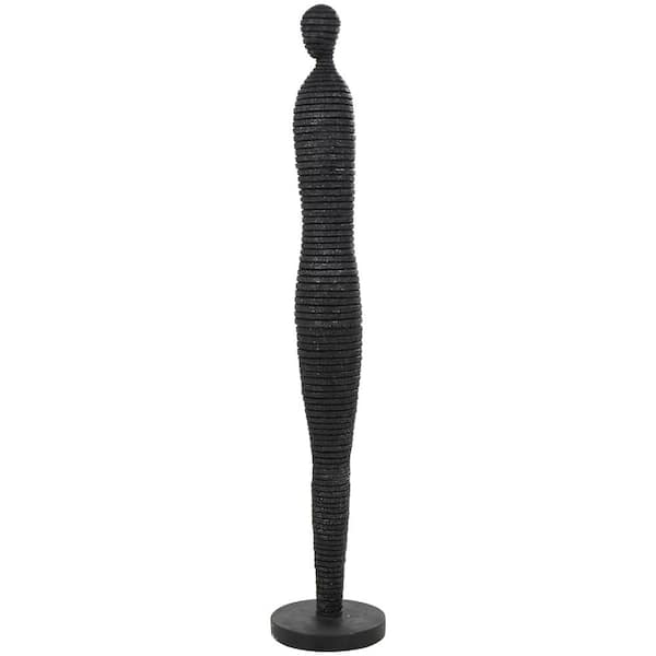 Black Polystone Tall Slim Figure People Sculpture with Ribbed Body and Glitter Accents