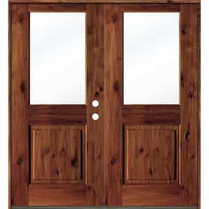 72 in. x 80 in. Rustic Knotty Alder Wood Clear Half-Lite Red Chestnut Stain Left Active Double Prehung Front Door