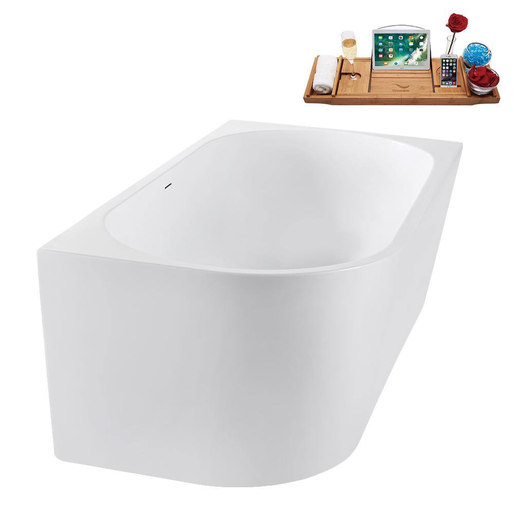 67" Glossy White Acrylic Freestanding Soaking Tub with Tray