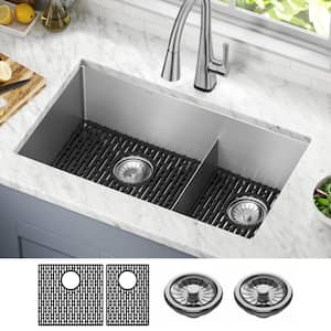 Lenta 16- Gauge Stainless Steel 32 in. Double Bowl Undermount Kitchen Sink with Accessories