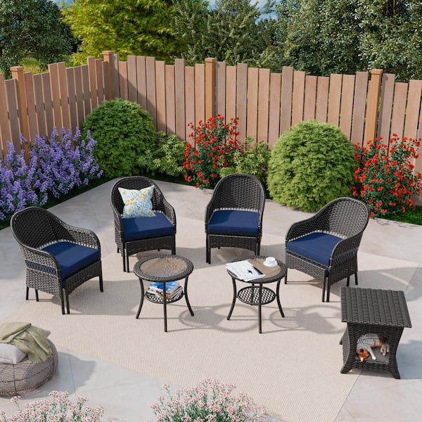 MeetLeisure 11-Piece Outdoor Wicker Patio Conversation Seating Set with Blue Cushions and Pet Side Table
