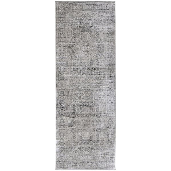 2 X 8 Gray, Ivory Floral Runner Rug