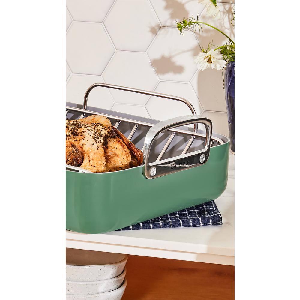 Sage Green Nonstick Square Roasting Pan with Rack and Handles