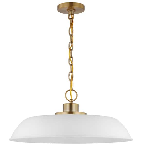 SATCO Colony 100-Watt 1-Light Matte White/Burnished Brass Shaded Pendant Light with White Metal Shade, No Bulbs Included