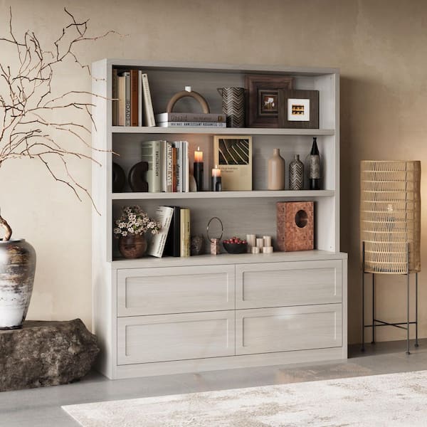 74.6 in. Tall Beige Wood Grain Wood 3-Shelf Accent Bookcase, Storage Cabinet with 4-Drawers