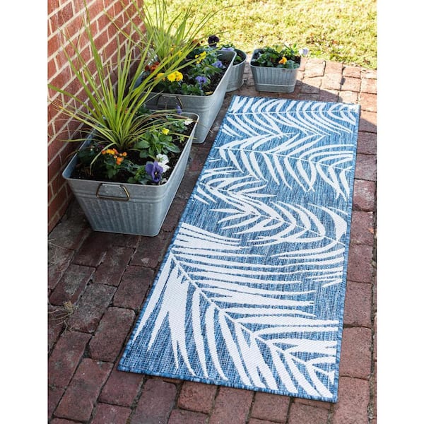 Outdoor Botanical Palm Blue 2 ft. x 6 ft. 1 in. Area Rug
