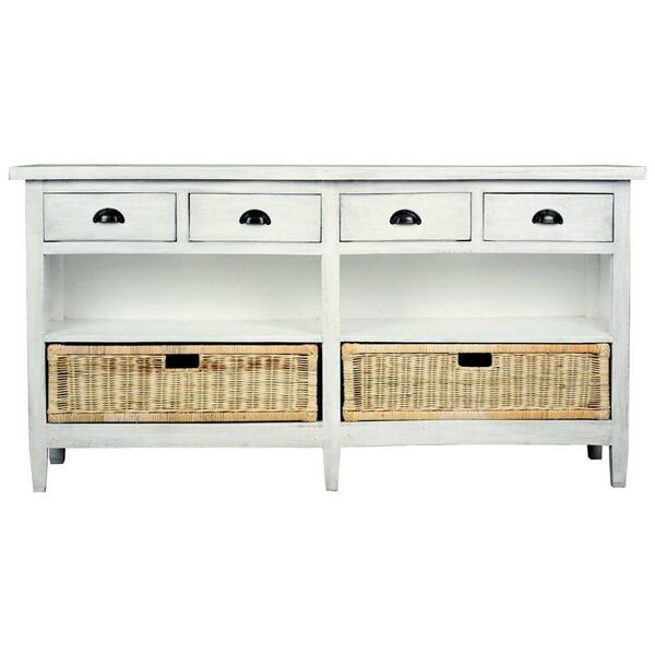 AndMakers Shabby Chic Cottage Vintage White 62 in. Solid Wood Credenza with  4 Drawers and 4 Shelves and Rattan Baskets BH-TAB251LD-VW - The Home Depot