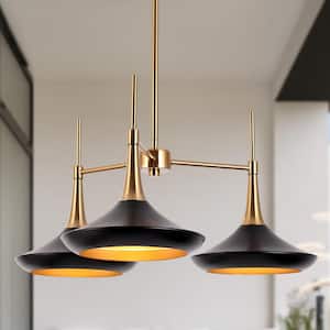 Mid-Century Island Chandelier Modern 3-Light Black and Brass Dining Room Hanging Pendant Light with Bell Metal Shades