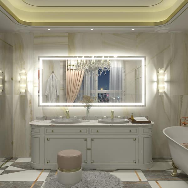 60 in. W x 28 in. H Rectangular Frameless Front & Back LED Lighted Anti-Fog Tempered Glass Wall Bathroom Vanity Mirror
