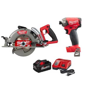 M18 FUEL 18V Lithium-Ion Cordless 7-1/4 in. Rear Handle Circular Saw W/M18 FUEL SURGE Impact Driver & 8.0Ah Starter Kit